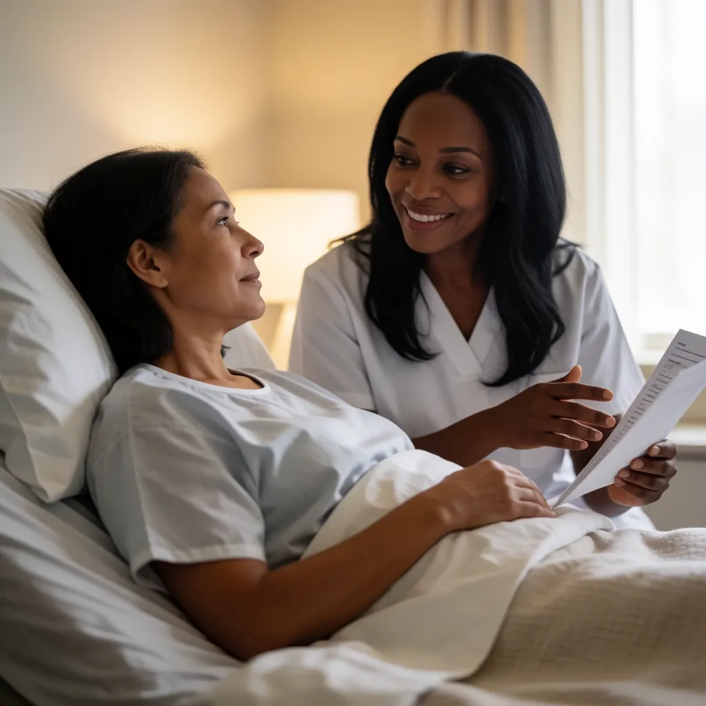 A women in bed listening to her doctor