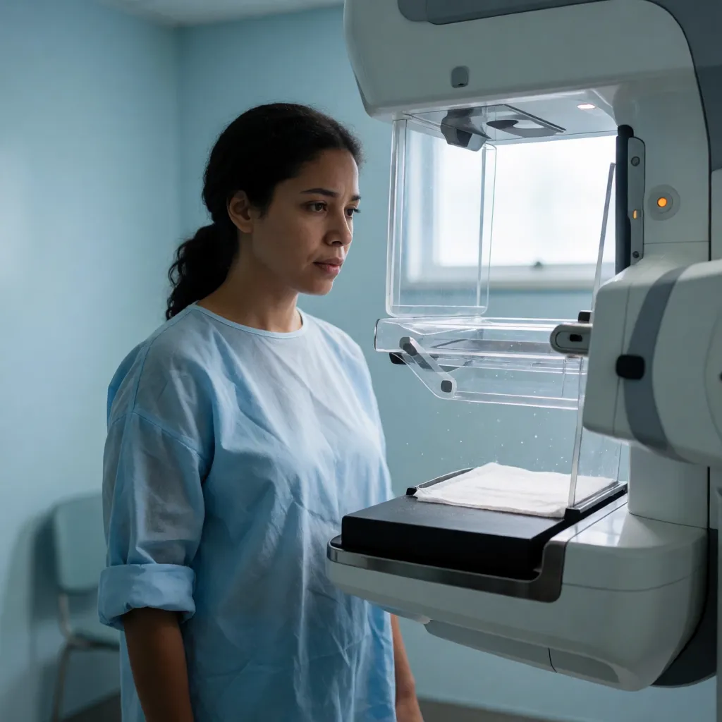 A women staring at a mammogram machine